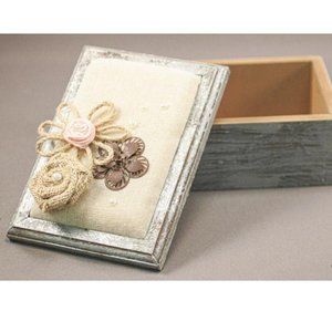 Distressed silver 7" box with burlap accents and floral design.
